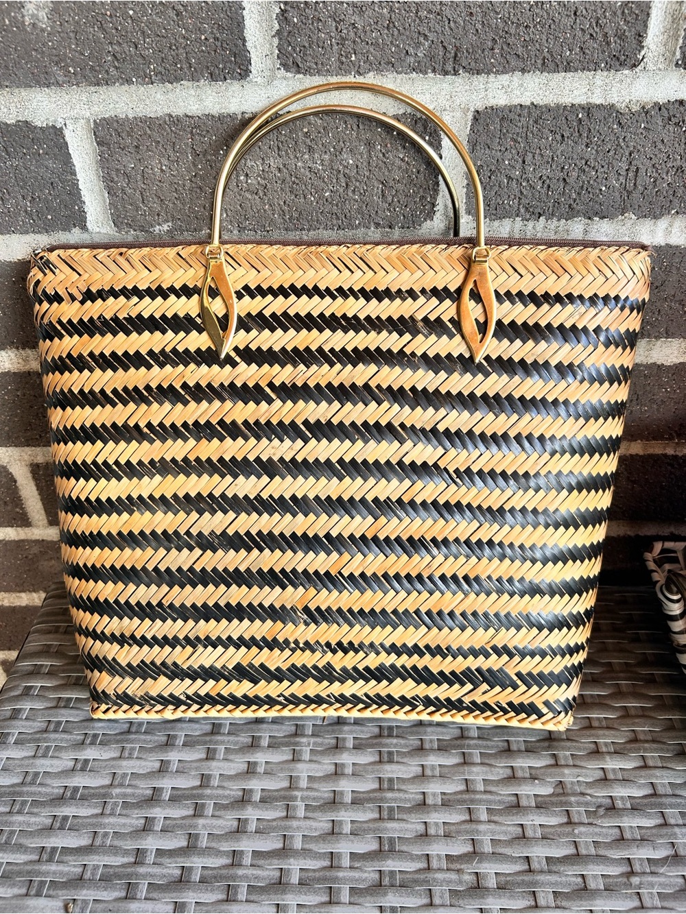 Woven Straw Tote Bag with Gold Handles - Black & Tan